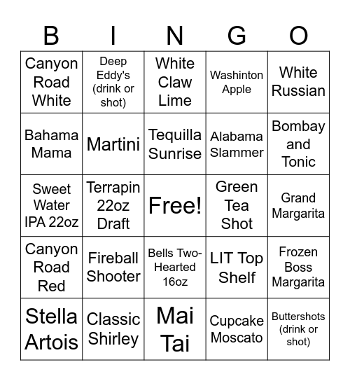 Bar Bingo Card