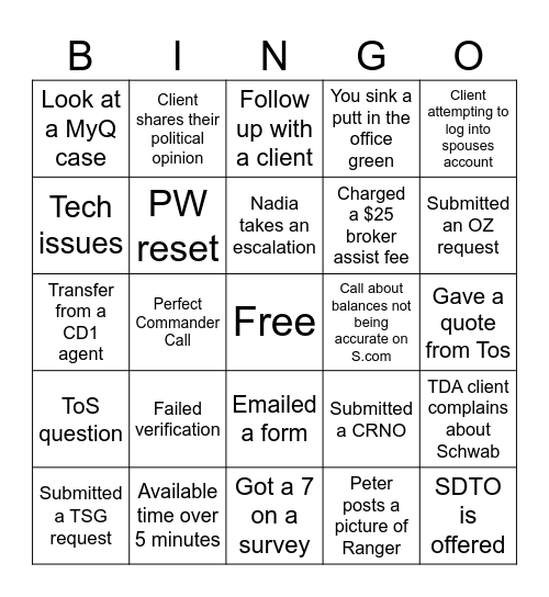 TXR Bingo Card