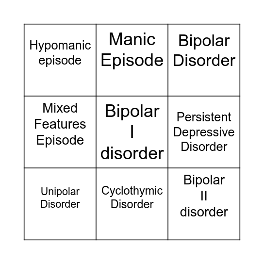 Mood Disorders Bingo Card