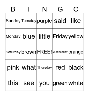 SIGHT WORDS Bingo Card