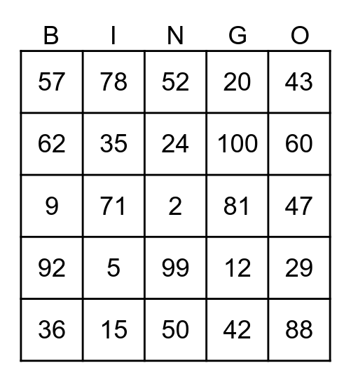 English Numbers 1 to 100 Bingo Card