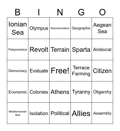 Greece Vocab Bingo Card