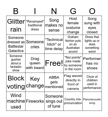 Eurovision 2016 Bingo Card