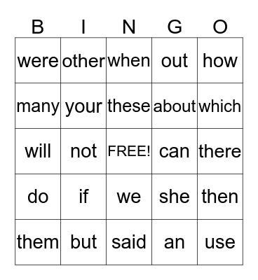 Sight Words #2 Bingo Card