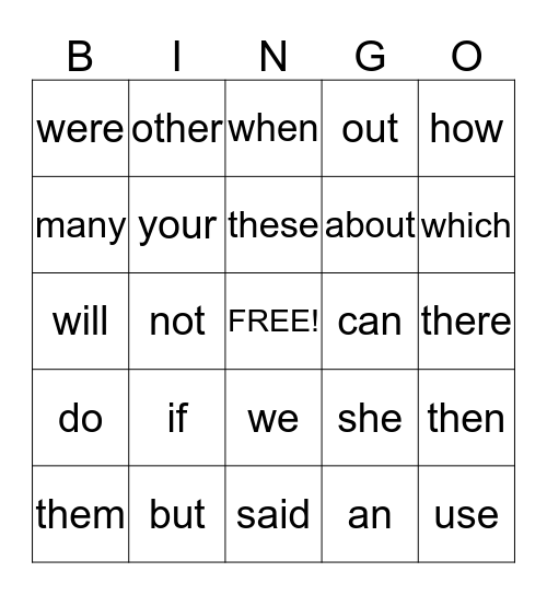 Sight Words #2 Bingo Card