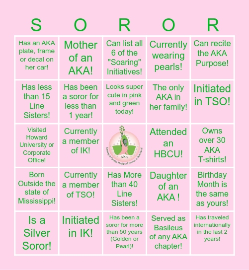 TSO & IK "SOROR" Bingo - Find That Soror! Bingo Card