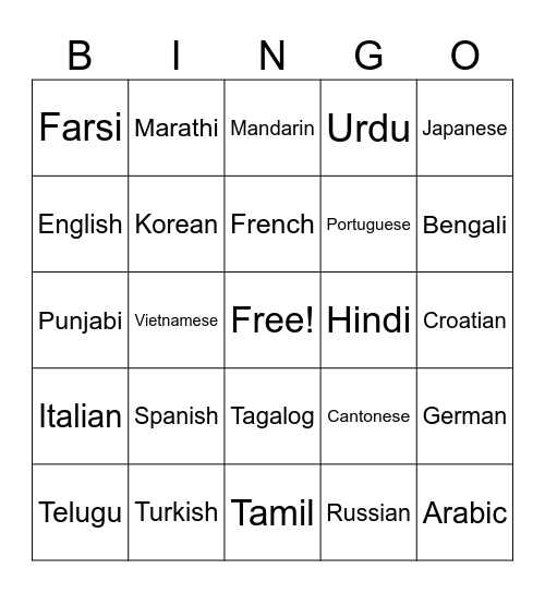 Language Bingo Card