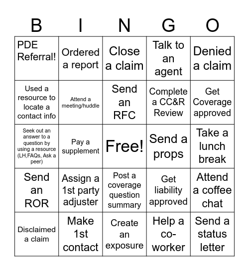 Specialty Liability Bingo Card