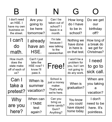 Prison Education Bingo Card