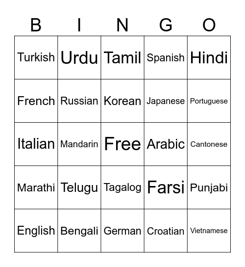 Language Bingo Card