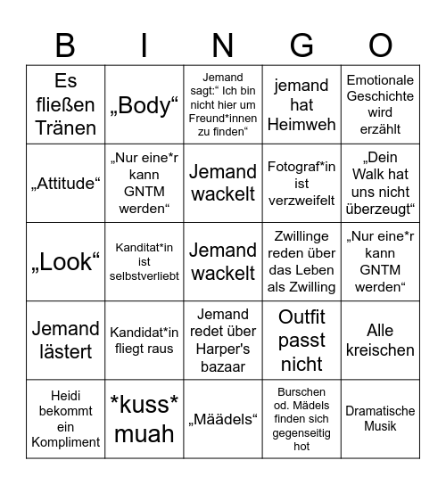 Das GNTM Bingo 2024 Bingo Card