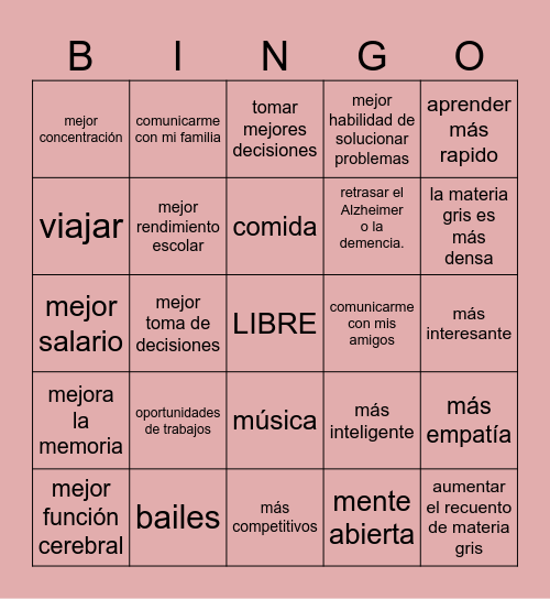 Beneficios de aprender un nuevo idioma Bingo Card