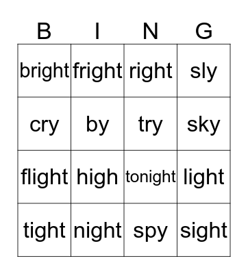 'igh' words Bingo Card