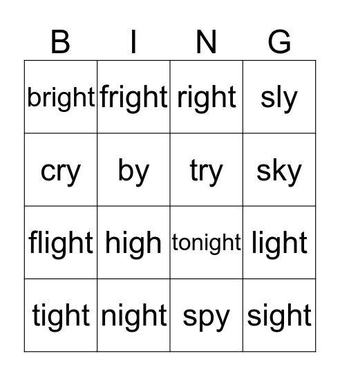 'igh' words Bingo Card
