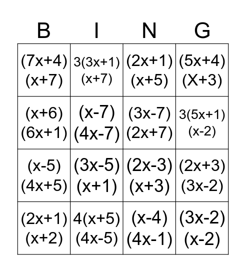 Factoring a>1 Bingo Card