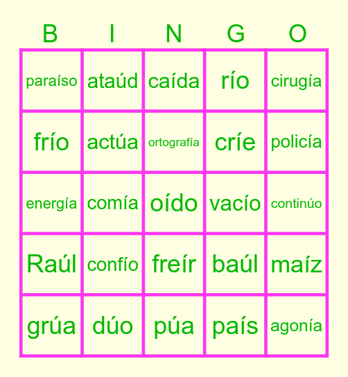 Hiatos con í o ú Bingo Card