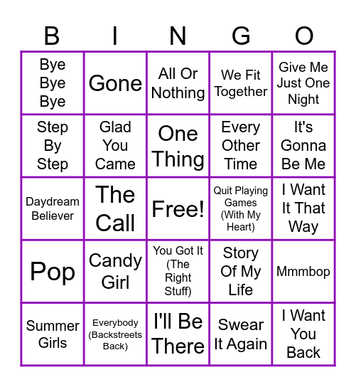 Boy Band Music Bingo Card