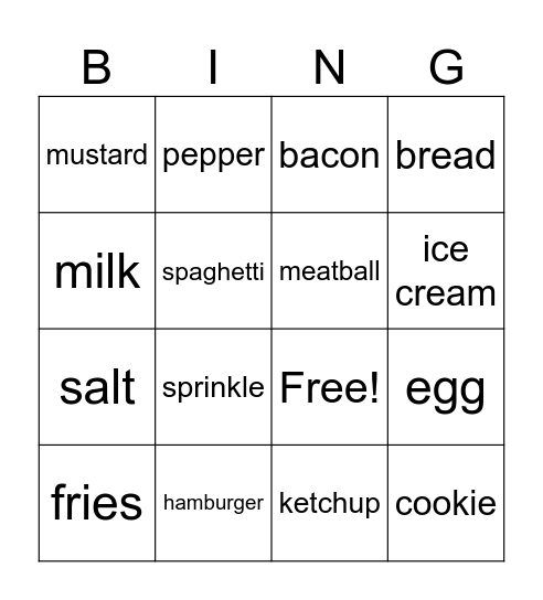 Food Bingo Card