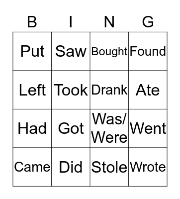 Irregular verbs Bingo Card