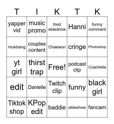 Tiktok Bingo Card