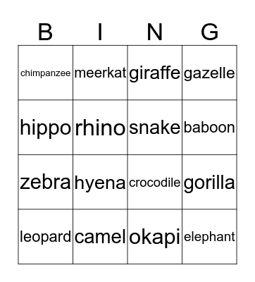 African Animals  Bingo Card