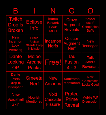 February Warframe Devstream Bingo Card