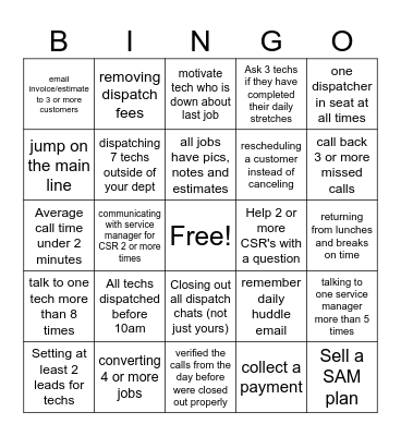 Dispatchers Bingo Card