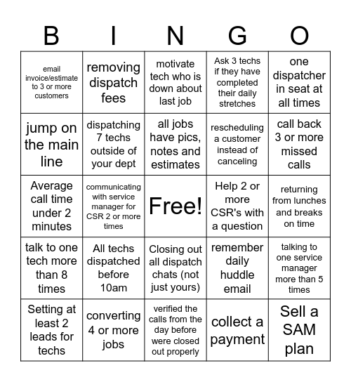 Dispatchers Bingo Card