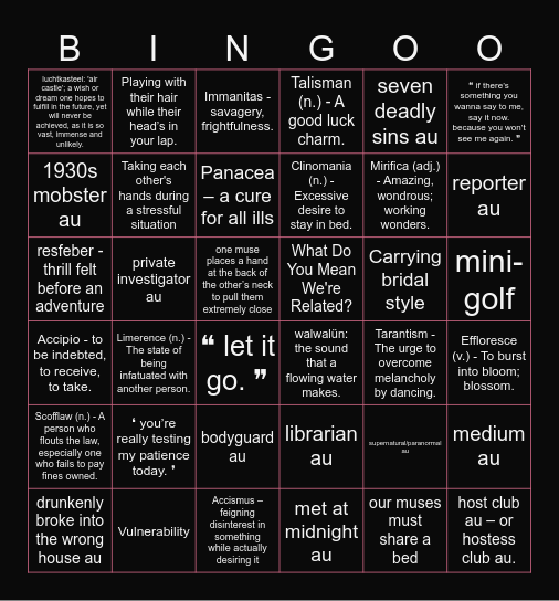 Skylar's 2024 Fic Server Bingo Card
