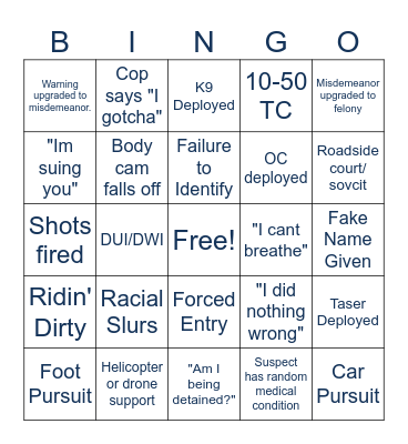 Bodycam Bingo Card
