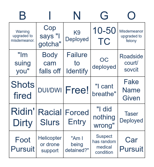 Bodycam Bingo Card