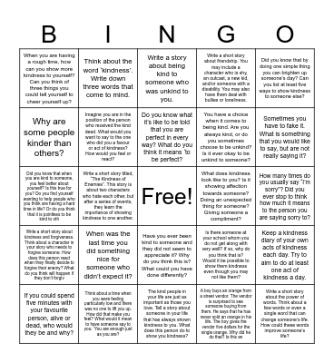 Kindness Writing Prompts Bingo Card