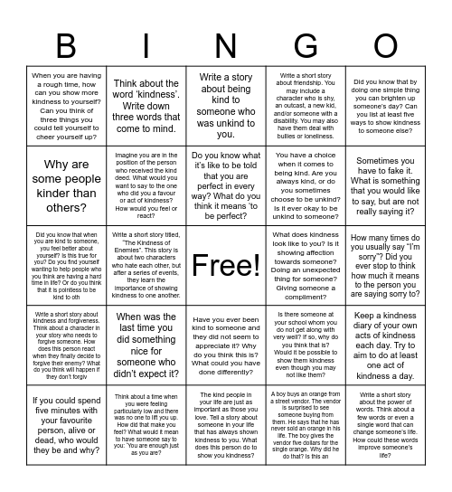 Kindness Writing Prompts Bingo Card