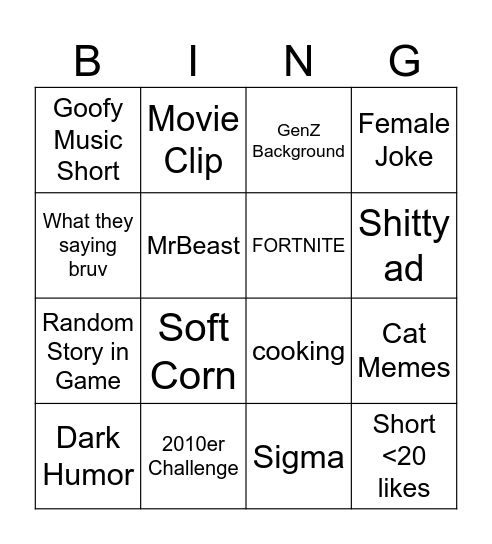 Youtube Shorts 💩 Bingo Card