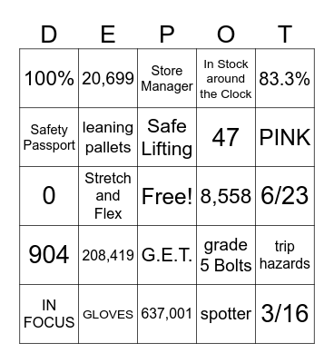 HOME DEPOT Bingo Card