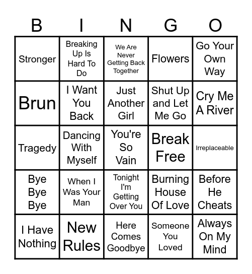 Heartbreak Breakup Bingo Card