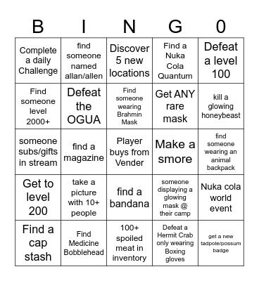 2/23 Fallout 76 Bingo card Bingo Card