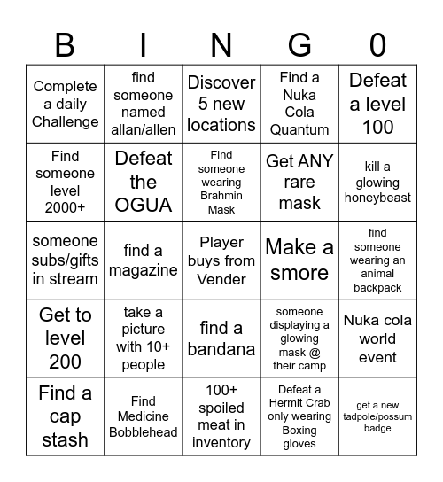 2/23 Fallout 76 Bingo card Bingo Card