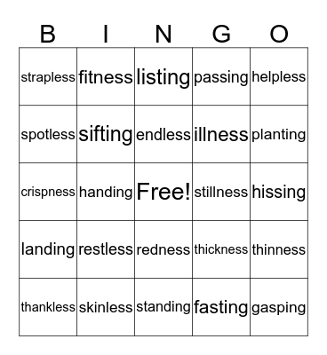 Suffix Bingo Card