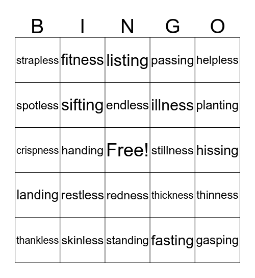 Suffix Bingo Card