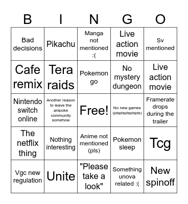 Pokemon direct Bingo Card