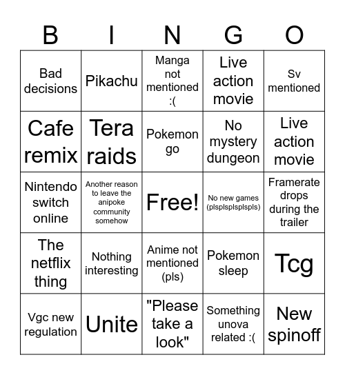 Pokemon direct Bingo Card