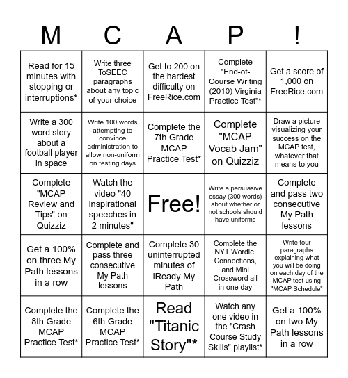 MCAP Boot Camp Bingo Card