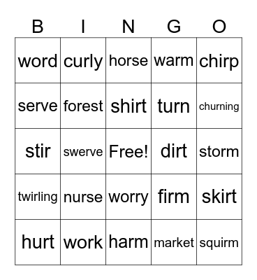 Vowel + /r/ sound Bingo Card