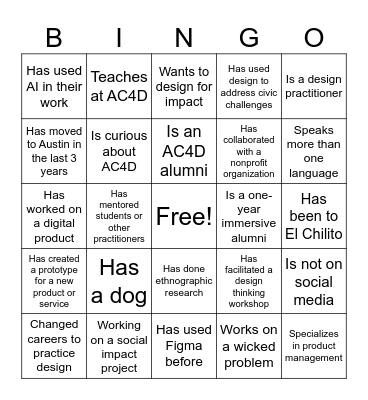 AC4D Design Bingo Card