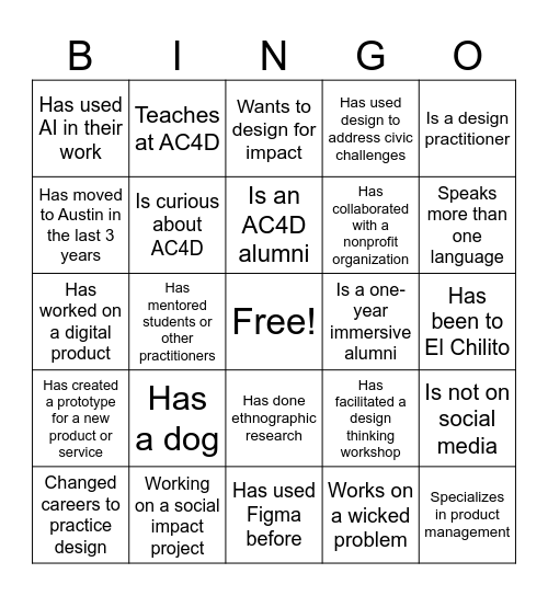 AC4D Design Bingo Card