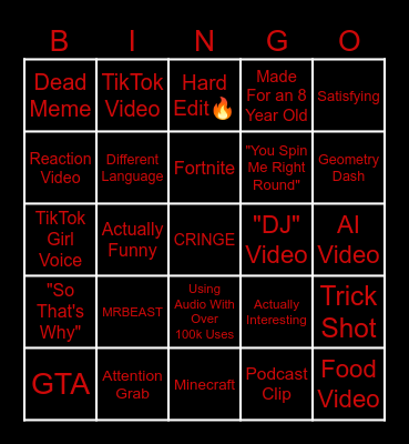 YouTube Shorts Bingo Card