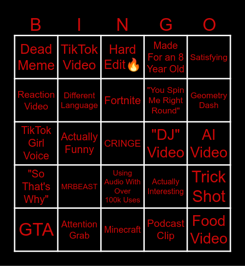 YouTube Shorts Bingo Card