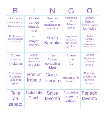 Meg's (& Gabriel's) Bridal Bingo Card