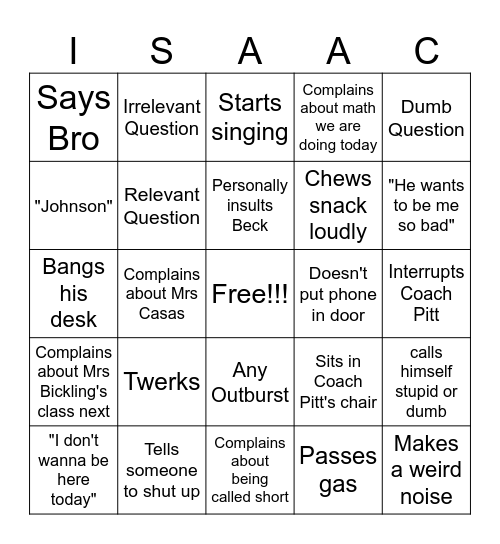 Isaac Actions Bingo Card